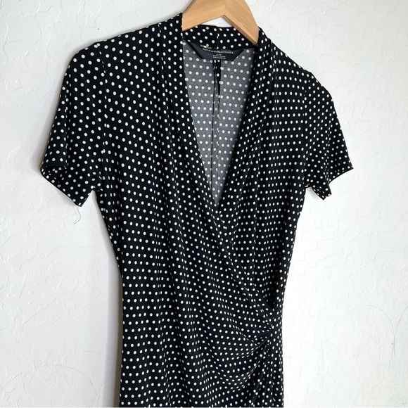 Norma Kamali Polka Dot Faux Wrap Short Sleeve Dress Black White - Picture 1 of 8